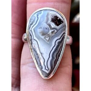 😵 RARE Druzy inclusion Crazy Lace agate rain drop ring 6.75 925 Sterling silver